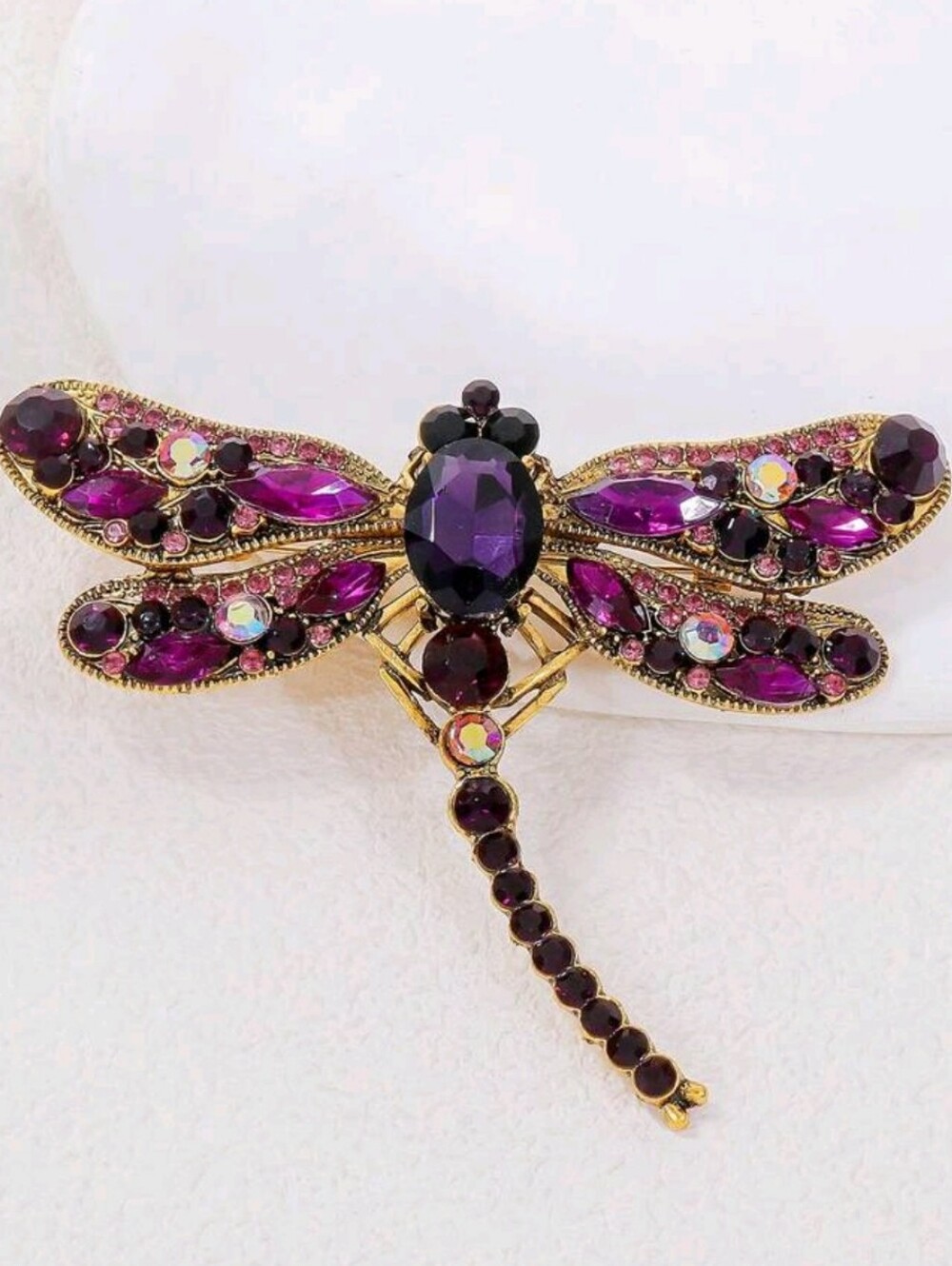 🆕️ PURPLE AMETHYST RHINESTONE DRAGONFLY BROOCH PIN - GOLD-TONE